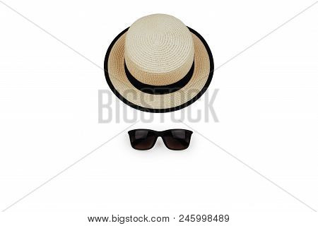 Sunprotection Objects Sunglasses And Hat. Lay Flat. Top View.
