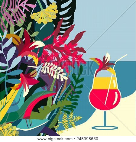 Illustration Of A Tropical Coctail And Tropical Forest Background