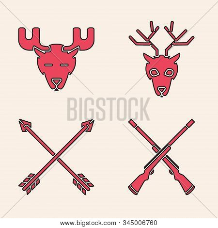 Set Two Crossed Shotguns, Moose Head With Horns, Deer Head With Antlers And Crossed Arrows Icon. Vec