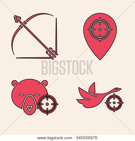 Set Hunt On Duck With Crosshairs, Bow And Arrow In Quiver, Hunt Place And Hunt On Bear With Crosshai