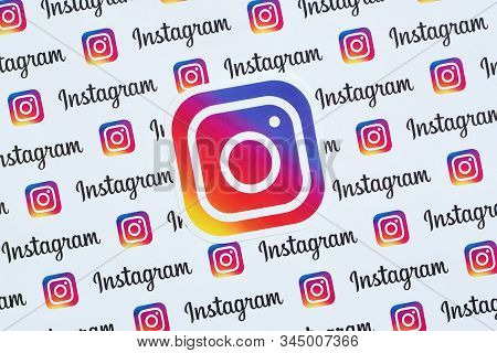 Instagram Pattern Printed On Paper With Small Instagram Logos And Inscriptions. Instagram Is America