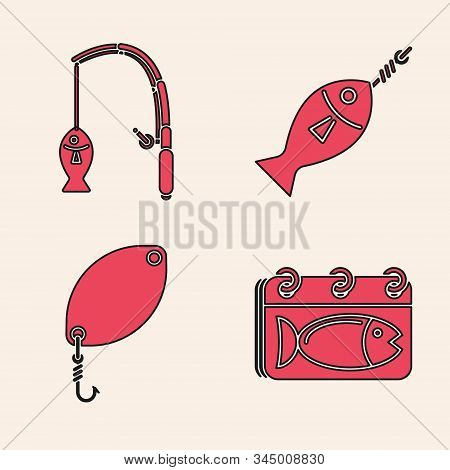 Set Calendar With A Fish, Fishing Rod And Fish, Fish On Hook And Fishing Spoon Icon. Vector