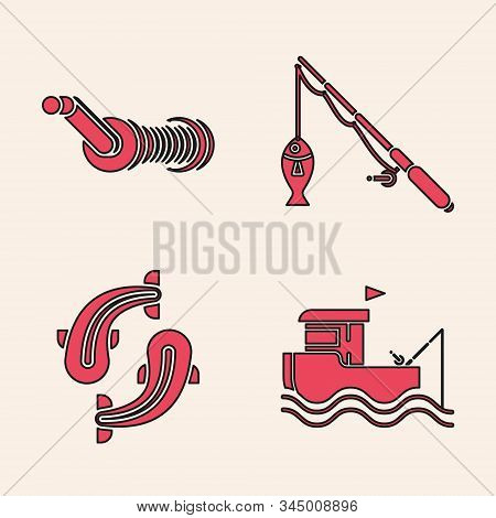 Set Fishing Boat With Fishing Rod On Water, Spinning Reel For Fishing, Fishing Rod And Fish And Fish