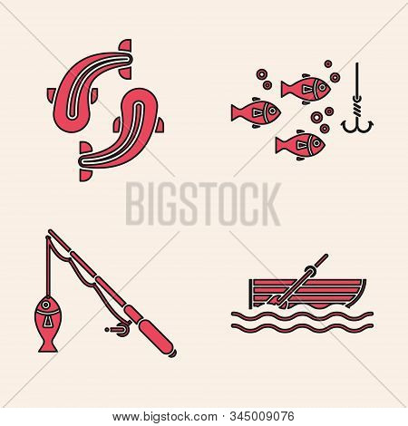 Set Fishing Boat With Oars On Water, Fish, Fishing Hook Under Water With Fish And Fishing Rod And Fi