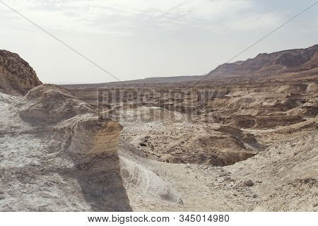 Top View To The Judaean Desert And Wastelands Of Irael. Sand Dunes And Rocks In Lifeless Area Of Mid