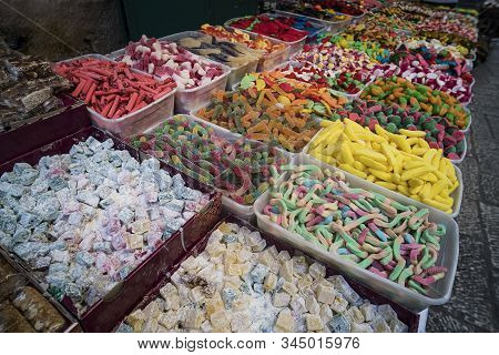 Eastern Delights Exposed For Sale In An Outdoor Food Market. Turkish Rahat, Candies, Fruit-jellies, 