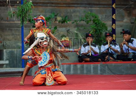 Bali, Indonesia - June 22, 2016: Dancer In Demon Rangda Traditional Mask - Evil Spirit. Temple Dance