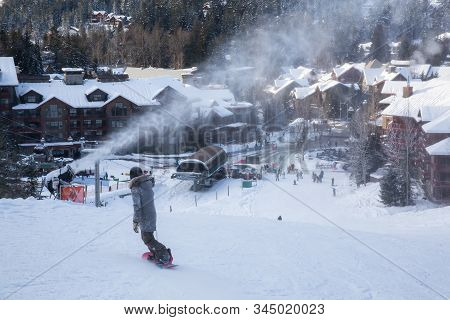 View From Above Of Creekside Village During A Sunny Winter Day. Taken From Whistler Mountain, Britis