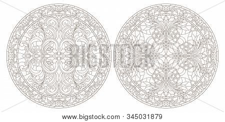 Set Contour Illustrations Of Stained Glass, Round Stained Glass Floral, Dark Outline On A White Back