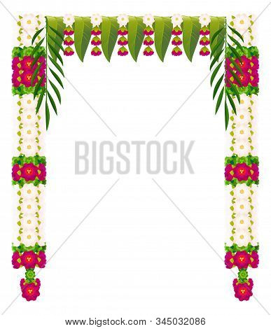 Flower Garland With Mango Leaves. Indian Traditional Ugadi Holiday Decoration. Isolated On White Vec