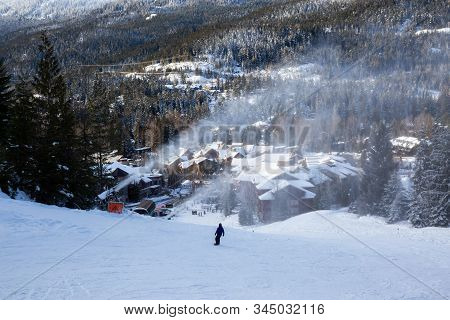 View From Above Of Creekside Village During A Sunny Winter Day. Taken From Whistler Mountain, Britis