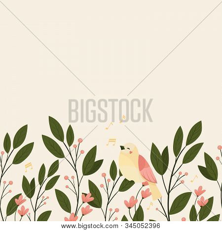 Vector Floral Seamless Pattern On White Background.  Leaves And Bird, Melody. Bright Colorful Spring