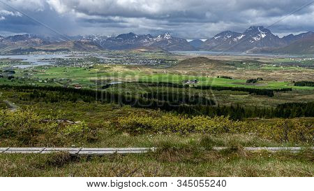 Scenic Panorama Of Small Town Leknes, Lofoten, Norway
