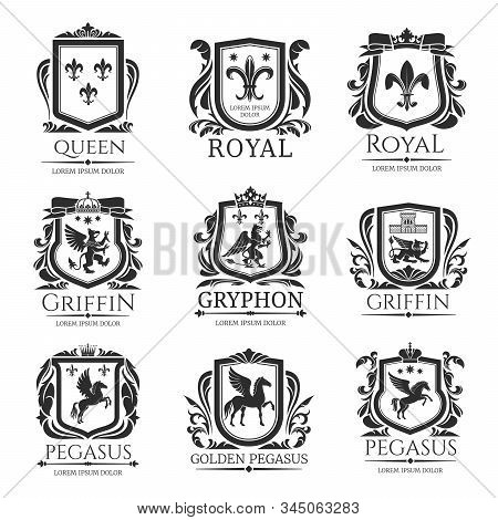 Heraldic Shields, Heraldry Medieval Animals And Royal Floral Emblems. Vector Pegasus Horse, Griffin 
