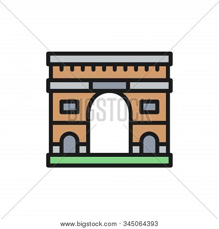 Triumphal Arch, Landmark Of Paris, France Flat Color Line Icon.