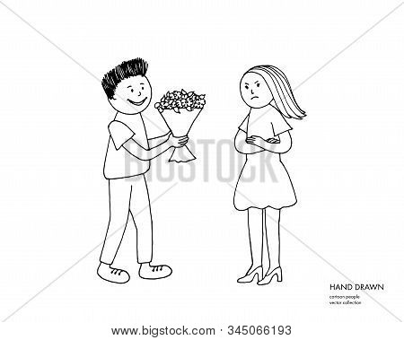 Young Offended Girl Refuses From Flowers From Her Boyfriend After Quarrel, Conflict, Argument. Boy G