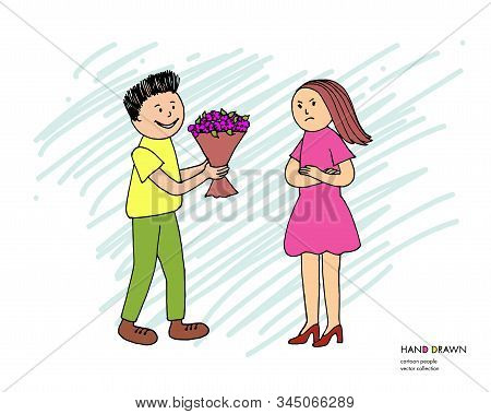 Young Offended Girl Refuses From Flowers From Her Boyfriend After Quarrel, Conflict, Argument. Boy G