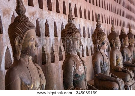 Laos, Old Buddha Image In Wat Sisaket Popular Place To Visit In Vientiane City And Landmark, Old Bud