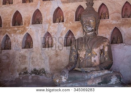 Laos, Old Buddha Image In Wat Sisaket Popular Place To Visit In Vientiane City And Landmark, Old Bud