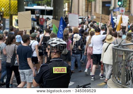 Brisbane, Queensland, Australia - 10th January 2020 : Policeman Watching Anti Scott Morrison Protest