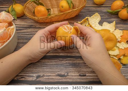The Girls Hands Are Cleaning Tangerine, Tangerines On A Twig With Green Leaves, Peeled Tangerines In