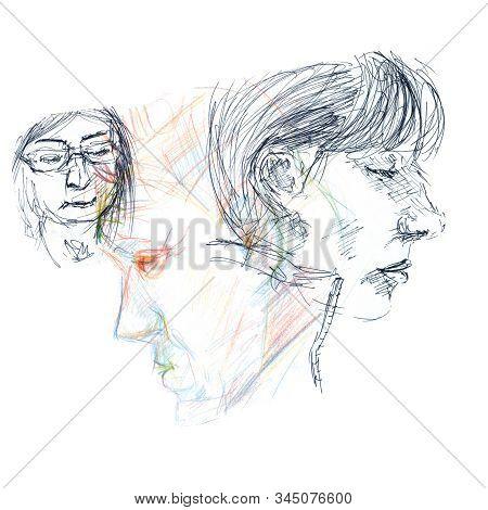 Page In The Album With Sketches Of The Artist Quick Sketches: People In Different Poses - Hand-drawn