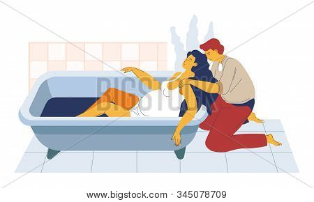 Childbirth In Bath, Pregnant Woman In Tub And Supporting Man