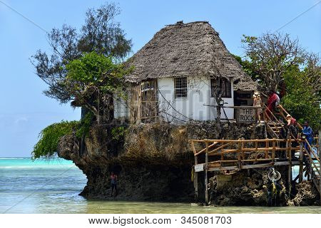 Pingwe, Zanzibar - October 6, 2019: Tourists Visit The Rock Restaurant. It Is World-famous Restauran