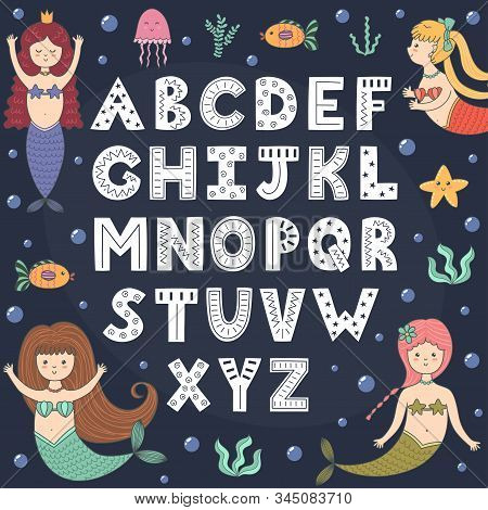 Alphabet Poster With Cute Mermaids. Wall Art For Kids