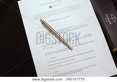 Izmail, Ukraine, January 12, 2020: Parker Pen And Documents On A Black Background