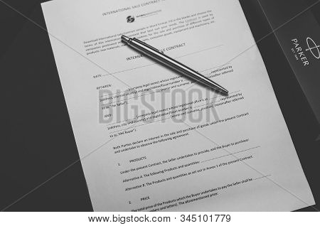 Izmail, Ukraine, January 12, 2020: Parker Pen And Documents On A Black Background