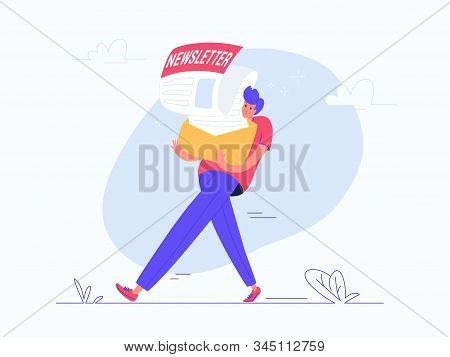 Young Man Carrying Heavy Envelope With A Newsletter. Flat Modern Concept Vector Illustration Of Peop
