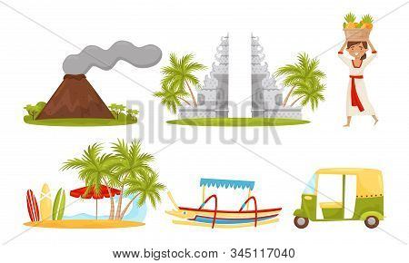 Bali Symbols Vector Set. Famous And Favorite Tourist Destination