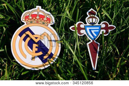 September 6, 2019, Madrid, Spain. Emblems Of Spanish Football Clubs Real Madrid And Celta Vigo On Th