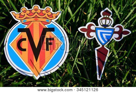 September 6, 2019, Madrid, Spain. Emblems Of Spanish Football Clubs Villarreal And Celta Vigo On The
