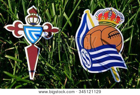 September 6, 2019, Madrid, Spain. Emblems Of Spanish Football Clubs Celta Vigo And Real Sociedad San