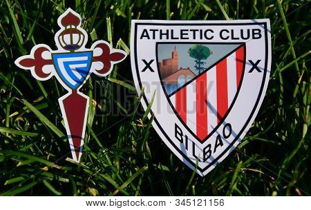 September 6, 2019, Madrid, Spain. Emblems Of Spanish Football Clubs Celta Vigo And Athletic Bilbao O