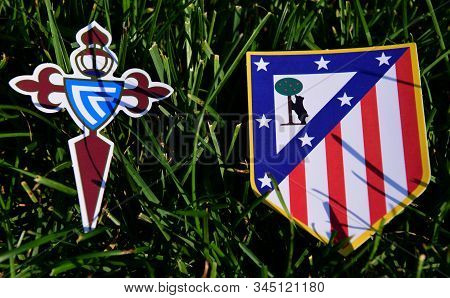September 6, 2019, Madrid, Spain. Emblems Of Spanish Football Clubs Celta Vigo And Atletico Madrid O