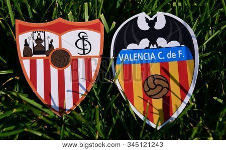 September 6, 2019, Madrid, Spain. Emblems Of Spanish Football Clubs Sevilla And Valencia On The Gree