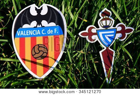 September 6, 2019, Madrid, Spain. Emblems Of Spanish Football Clubs Celta Vigo And Valencia On The G