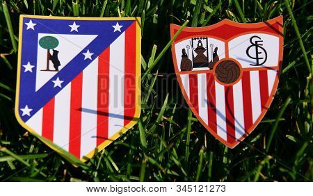 September 6, 2019, Madrid, Spain. Emblems Of Spanish Football Clubs Sevilla And Atletico Madrid On T