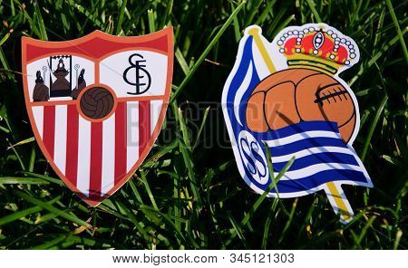 September 6, 2019, Madrid, Spain. Emblems Of Spanish Football Clubs Sevilla And Real Sociedad San Se