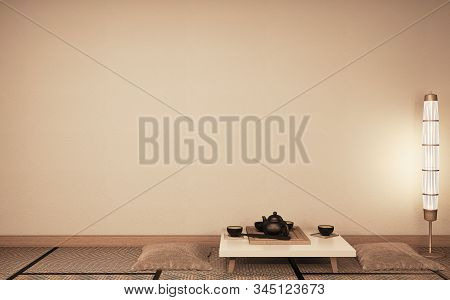 Mock Up Empty Wall Ryokan Living Room Japanese Style With Tatami Mat Floor And Decoration.3D Renderi