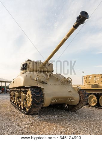 Latrun, Israel, January 14, 2020 : Sherman M4a1 (76w) Tank Is On The Memorial Site Near The Armored 