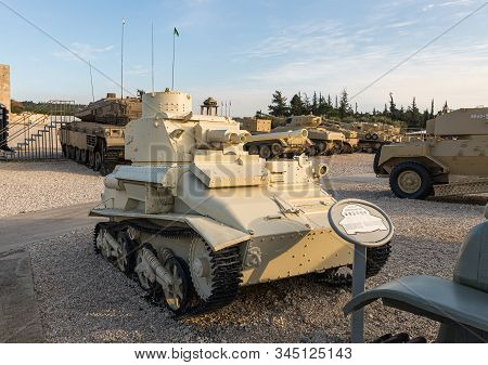 Latrun, Israel, January 14, 2020 : Vickers Mk Vi Light Tank Is On The Memorial Site Near The Armored