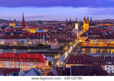 Aerial Panoramic View Of Old Town With Cathedral, City Hall And Alte Mainbrucke In Wurzburg, Part Of