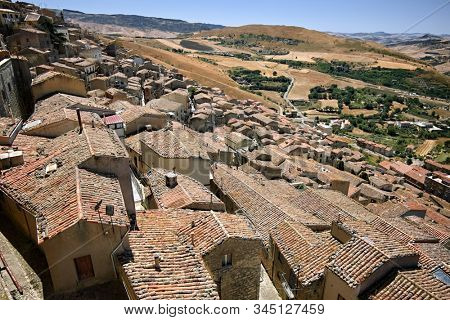 terracotta tiled view of top roof in Gangi Old Town, Sicily