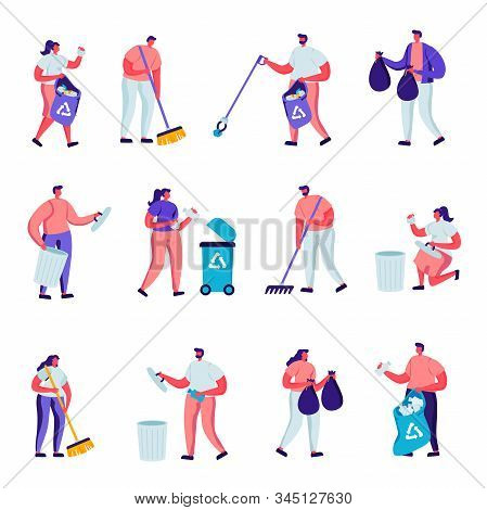 Set Of Flat Volunteers Collect Litter Characters. Cartoon People Raking, Sweeping, Put Trash Into Ba