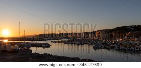 Beautiful Sunset Panoramic View Of A Port At Sunset With Multiple Sailboats. Arenys De Mar Village I