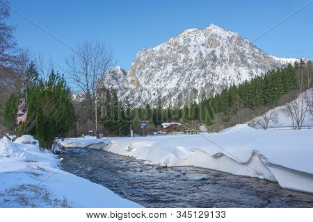 River Near Green Lake (gruner See) In Sunny Winter Day. Famous Tourist Destination For Walking And T
